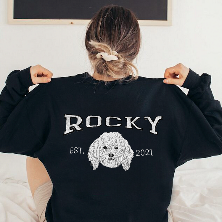 Personalized Embroidered Sweatshirt with Pets Name on Back of Sweatshirt