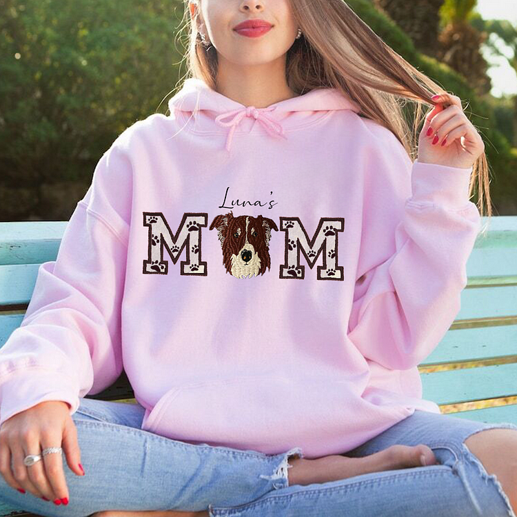 Custom Pet Portrait Embroidered Sweatshirt Dog Mom/Dog Dad Hoodie with Pet Name