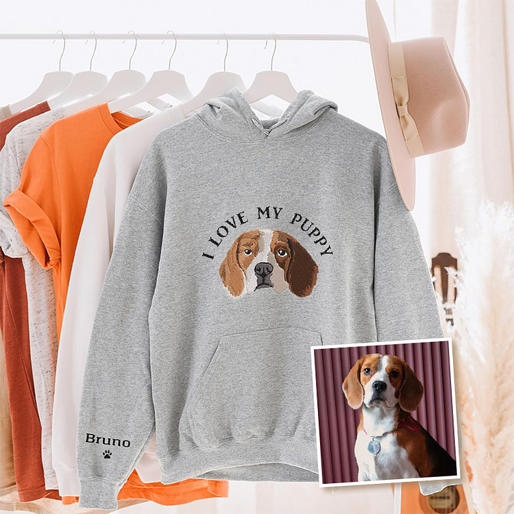 I Love My Dog Custom Pet Portrait Embroidered Crewneck T-shirt Hoodie