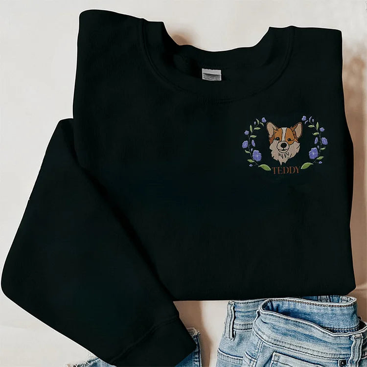 Custom Pet Portrait Embroidered Dog Mom Floral Sweatshirt Hoodie