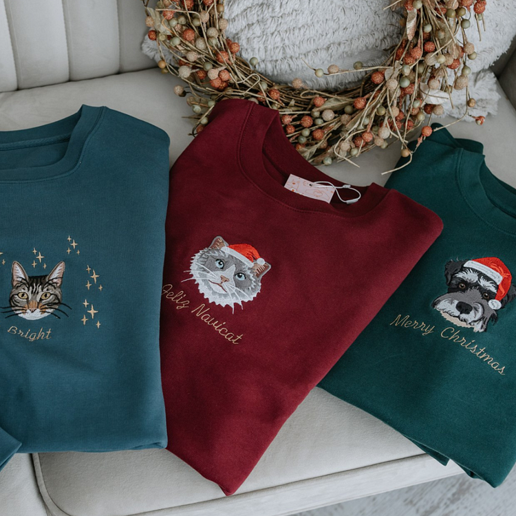 Custom Embroidered Pet Portrait Christmas Jumper Sweatshirt Hoodie T-shirt Xmas Gift For Kid