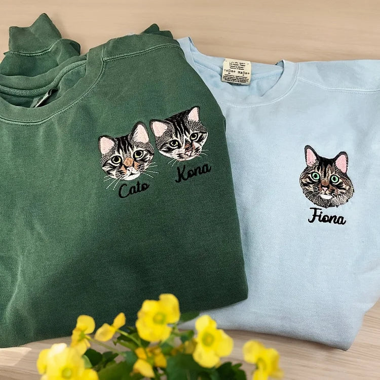 Personalized Pet Portrait Embroidered Sweatshirt, Custom Pet Hoodie with Photo