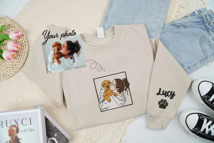 Personalized Dog Hoodie with Portrait from Photo, Embroidered Pet's Photo Sweatshirt