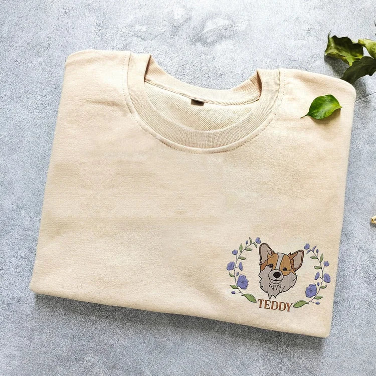 Custom Pet Portrait Embroidered Dog Mom Floral Sweatshirt Hoodie