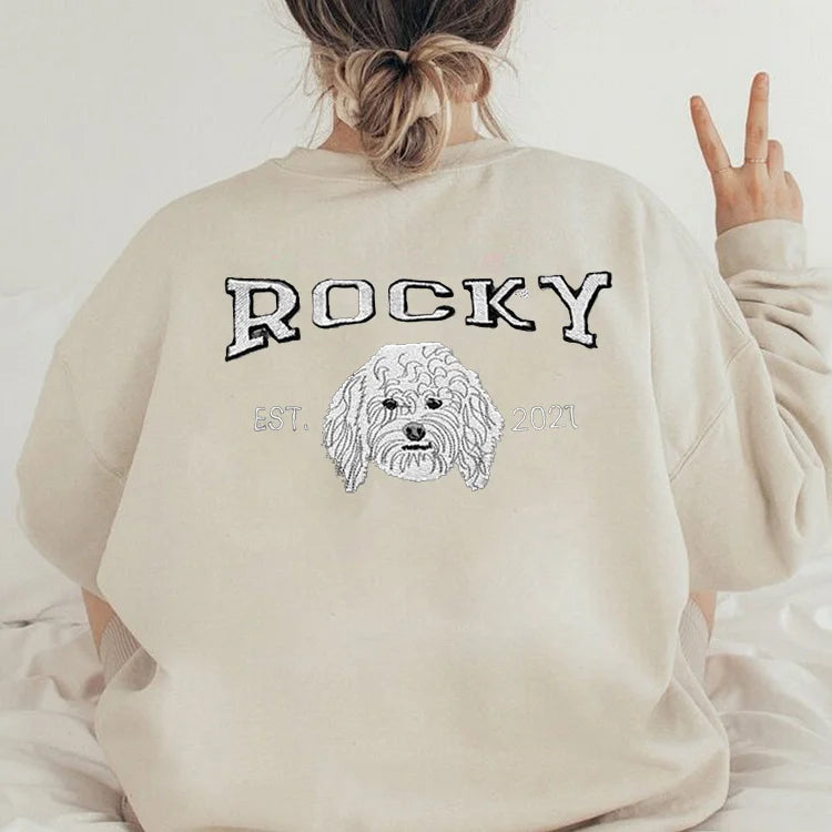 Personalized Embroidered Sweatshirt with Pets Name on Back of Sweatshirt