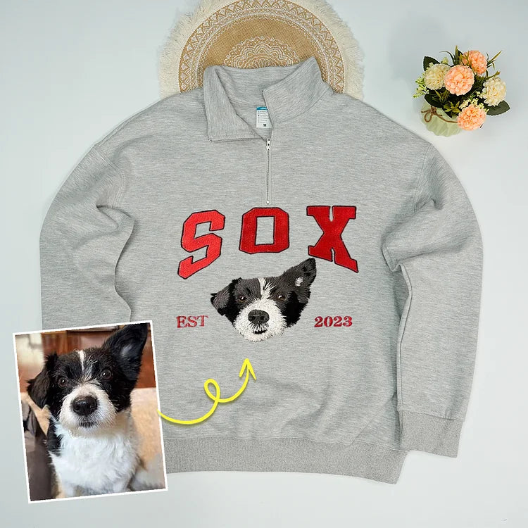 Custom Premium Handcrafted Pet Photo Embroidery with Pet Name Quarter-Zip Sweatshirt