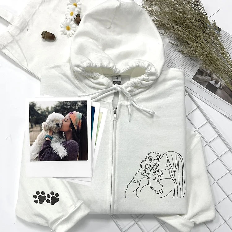 Custom Embroidered Pet Portrait Hoodie From Your Photo Zip-Up Hoodie