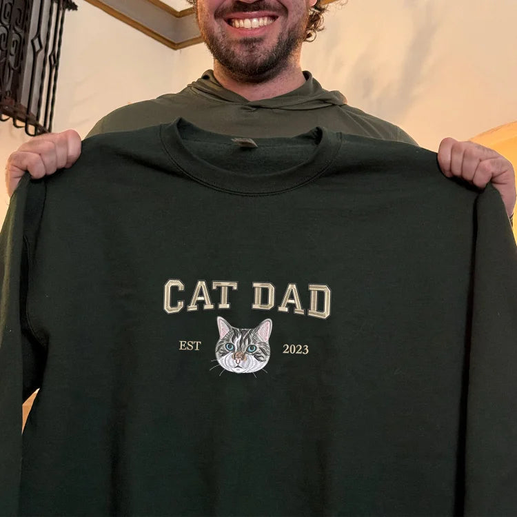 Custom Embroidered Varsity Cat Dad Sweatshirt or Hoodie Portrait from Photo