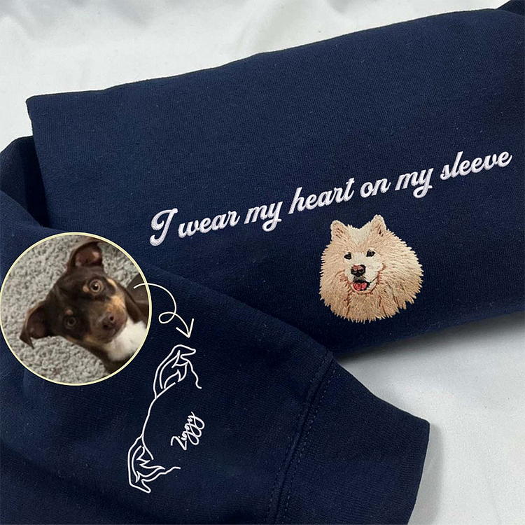 I Wear my Heart on my Sleeve Embroidered Sweatshirt Custom Pet Portrait Embroidered Hoodie