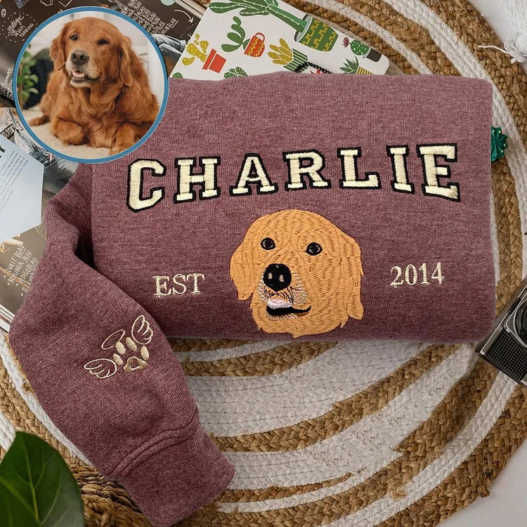 Embroidered Pet Portrait Photo Sweatshirt Custom Dog Hoodie T-shirt with Photo and Name