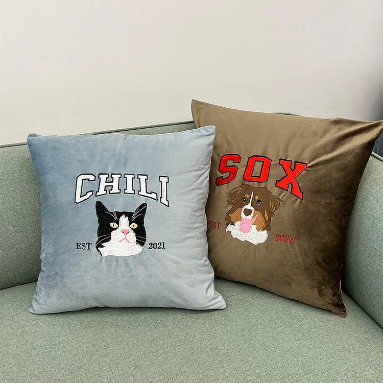 Custom Embroidered Pillow Cushion With Pet Portrait