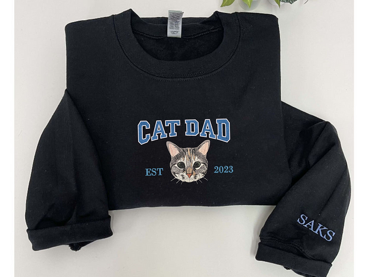 Custom Embroidered Varsity Cat Dad Sweatshirt or Hoodie Portrait from Photo