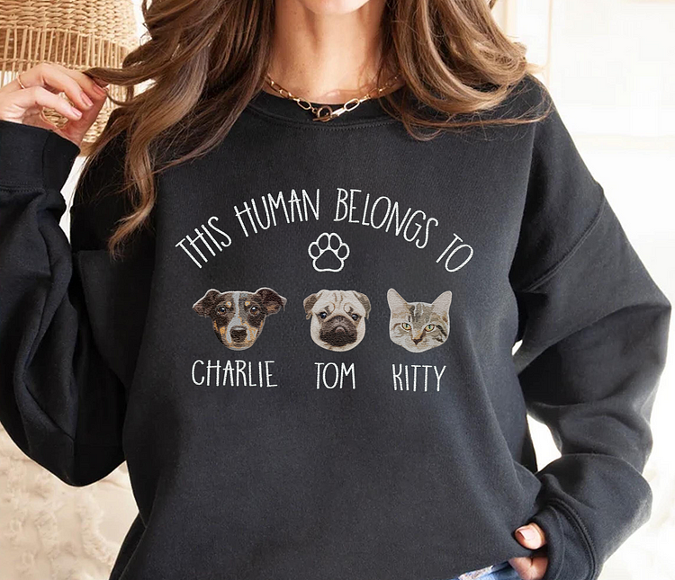 This Human Belongs to Dog Portrait Embroidered Hoodie Sweatshirt T-shirt