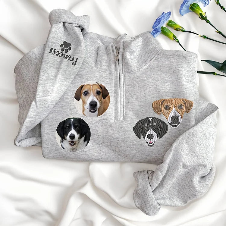 Custom EMBROIDERED Pet Quarter Zip Sweatshirt Dog Potrait Zip Up Sweatshirt