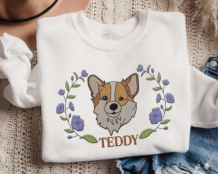 Custom Pet Portrait Embroidered Dog Mom Floral Sweatshirt Hoodie