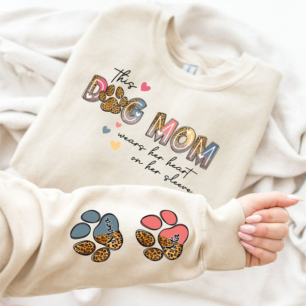 Wear Heart on Sleeve Personalized Dog Mom Sweatshirt Hoodie with Dog Namas Gift for Pet Lovers
