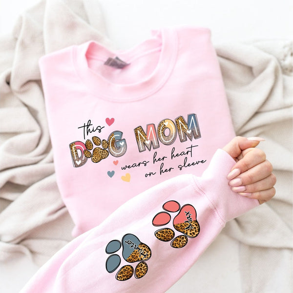 Wear Heart on Sleeve Personalized Dog Mom Sweatshirt Hoodie with Dog Namas Gift for Pet Lovers