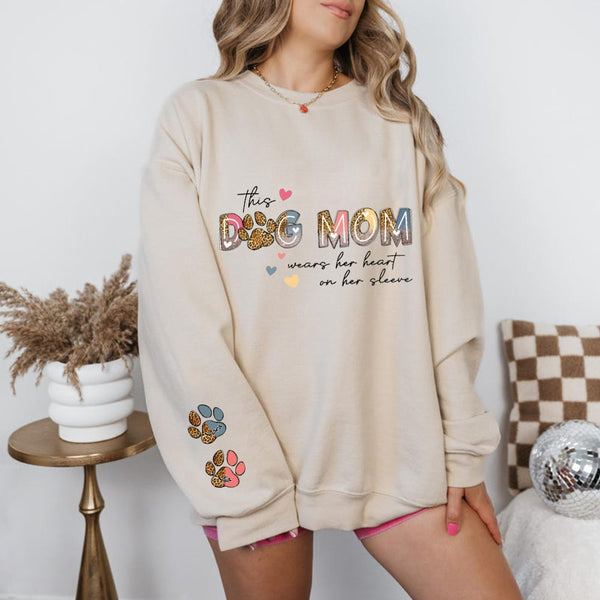 Wear Heart on Sleeve Personalized Dog Mom Sweatshirt Hoodie with Dog Namas Gift for Pet Lovers