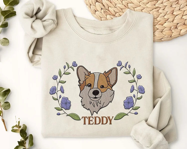 Custom Pet Portrait Embroidered Dog Mom Floral Sweatshirt Hoodie