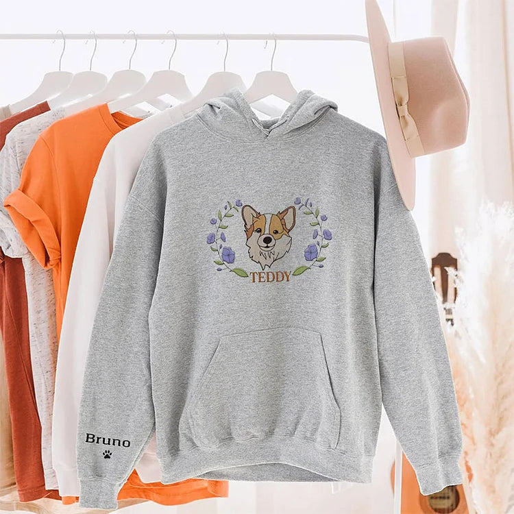 Custom Pet Portrait Embroidered Dog Mom Floral Sweatshirt Hoodie