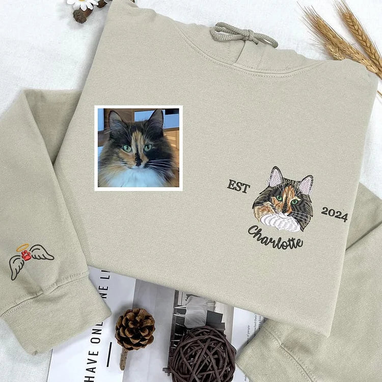 Custom Pet Embroidery Shirt from Photo, Custom Cat Dog Embroidery Hoodie Sweatshirt T-shirt