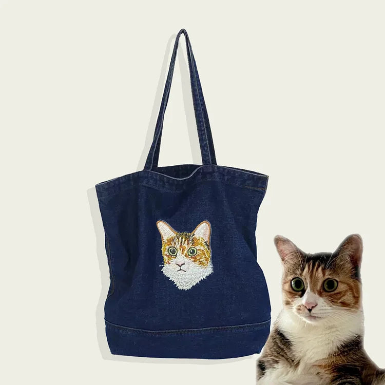 Custom Embroidered Pet Portrait Canvas Tote Bag