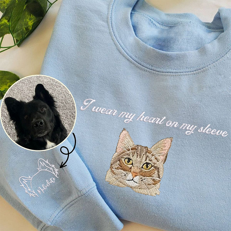 I Wear my Heart on my Sleeve Embroidered Sweatshirt Custom Pet Portrait Embroidered Hoodie