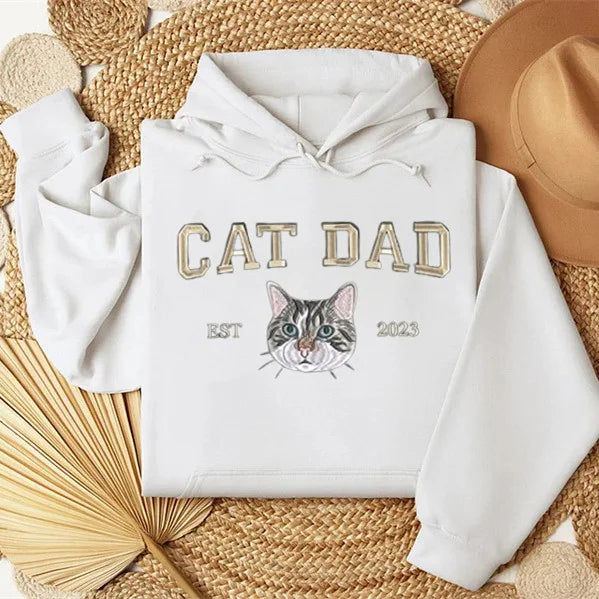 Custom Embroidered Varsity Cat Dad Sweatshirt or Hoodie Portrait from Photo