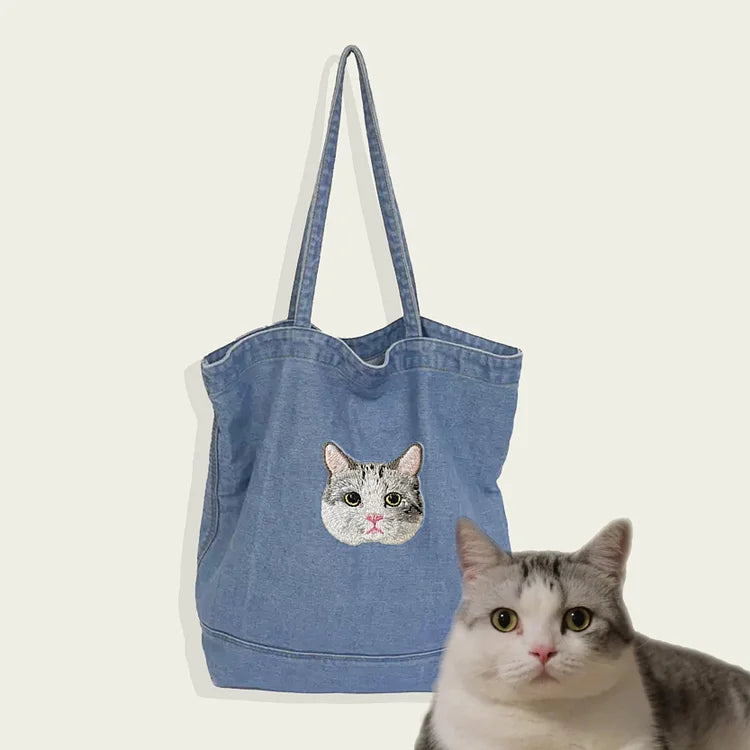 Custom Embroidered Pet Portrait Canvas Tote Bag