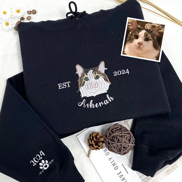 Custom Pet Embroidery Shirt from Photo, Custom Cat Dog Embroidery Hoodie Sweatshirt T-shirt