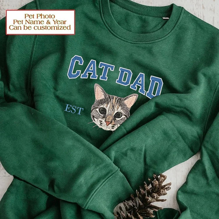 Custom Embroidered Varsity Cat Dad Sweatshirt or Hoodie Portrait from Photo