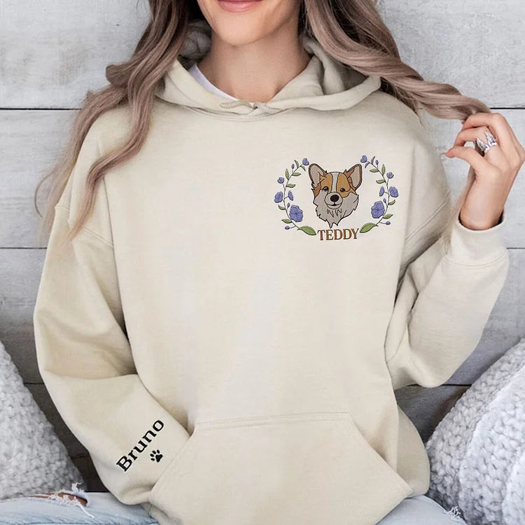 Custom Pet Portrait Embroidered Dog Mom Floral Sweatshirt Hoodie