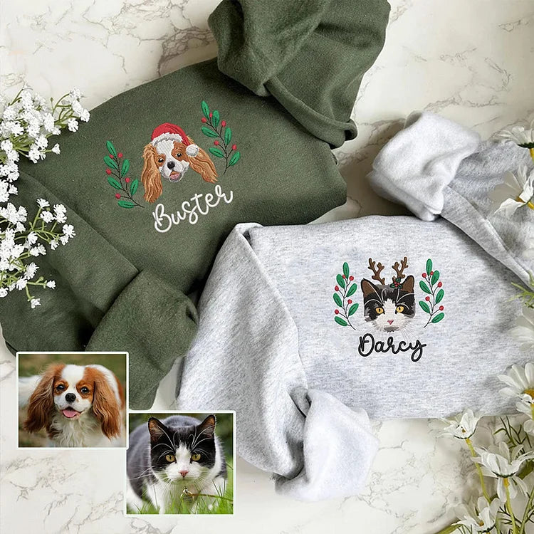 Custom Christmas Pet Face and Pet Name Sweatshirt Custom Dog Portrait Christmas Shirt