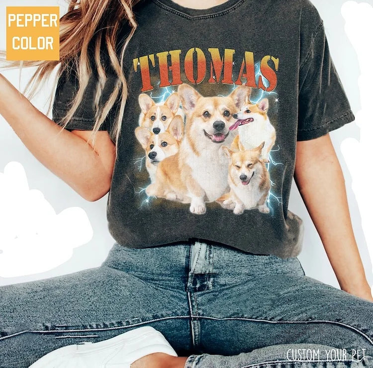 Custom Pet Photo Printing Vintage Pepper Color T-shirt Retro 90s Pepper Color Tee