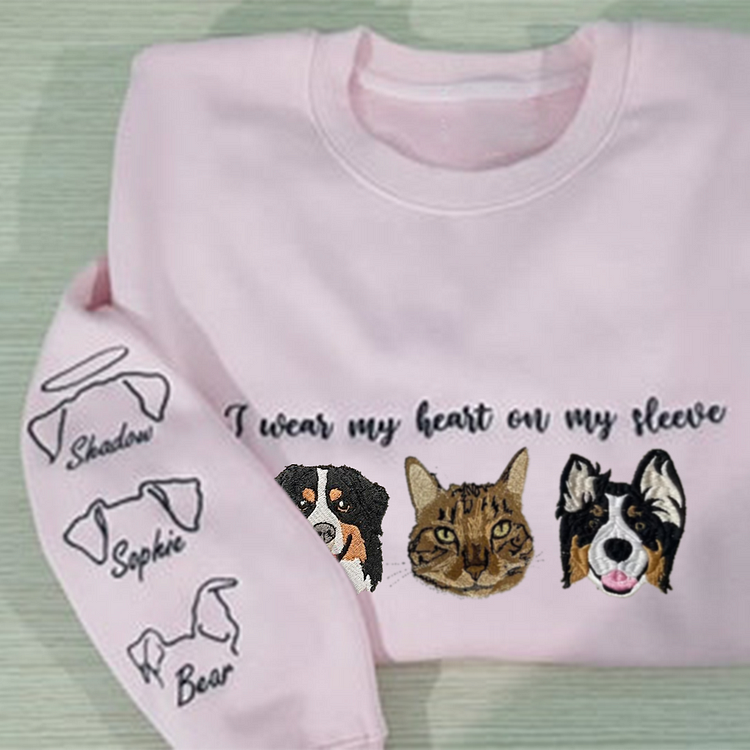 I Wear my Heart on my Sleeve Embroidered Sweatshirt Custom Pet Portrait Embroidered Hoodie