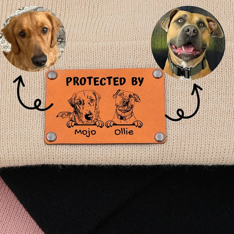 Custom Pet Portrait Protected By Baby Toddler Beanie with Leather Patch for Boy Girl