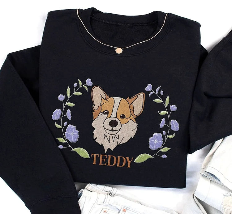 Custom Pet Portrait Embroidered Dog Mom Floral Sweatshirt Hoodie